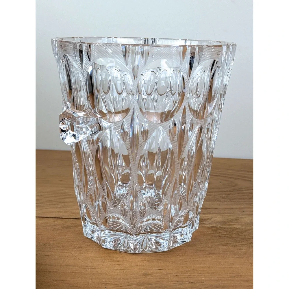 Vintage Heavy Lead Crystal Ice Bucket Diamond Thumbprint Cut Glass 9